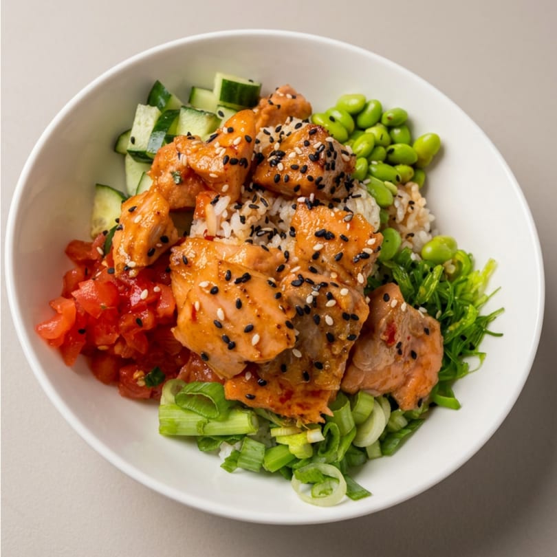 A white bowl filled with salmon poke, rice, edamame, diced tomatoes, cucumbers, and green onions.