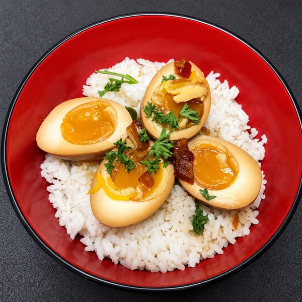 Four soy-marinated soft-boiled eggs with runny yolks, garnished with parsley and ginger, served over white rice in a red bowl.