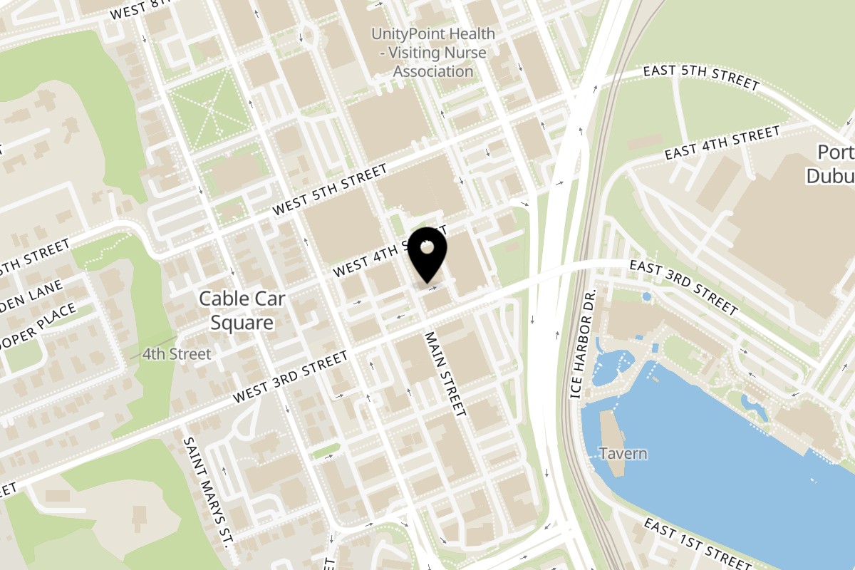 Map showing the location of The Vault Restaurant & Cocktail Lounge on 342 Main St in Dubuque